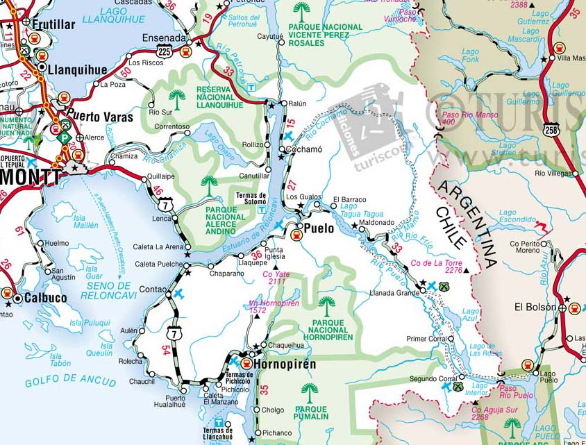 Mapa carretero de Turistel, en donde se aprecia la comuna de Cocham y sus accesos camineros. www.turistel.cl